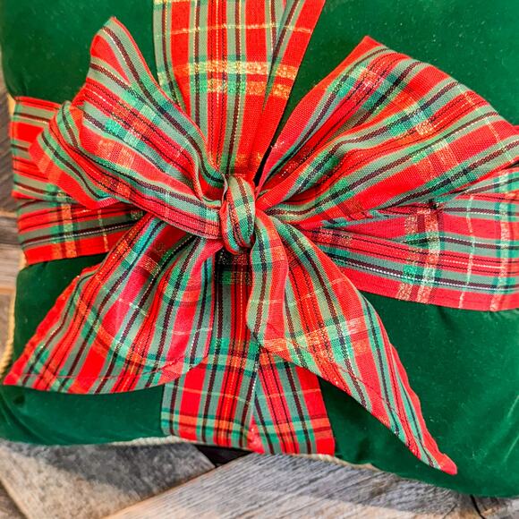 Green Velvet Christmas Gift Holiday Throw Pillow w/ Red Plaid Bow and Gold Trim - Picture 3 of 5